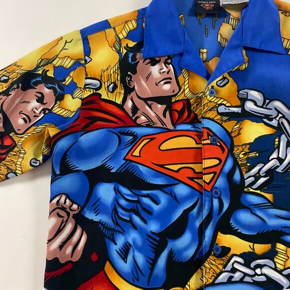 Vintage Superman Shirt Kids Boys Medium 10-12 Button Front Up DC Comics Warner - Picture 3 of 9